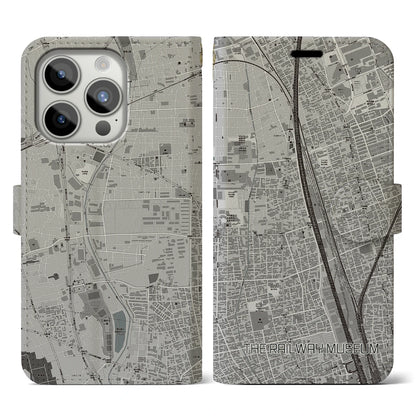 【鉄道博物館（埼玉県）】地図柄iPhoneケース（手帳タイプ）モノトーン・iPhone 15 Pro 用