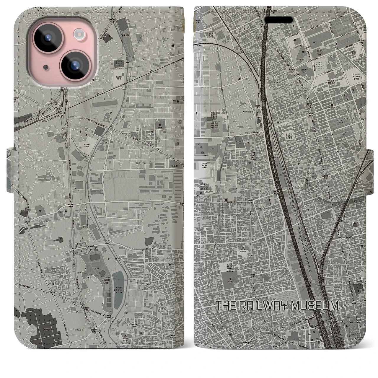 【鉄道博物館】地図柄iPhoneケース（手帳両面タイプ・モノトーン）iPhone 15 Plus 用