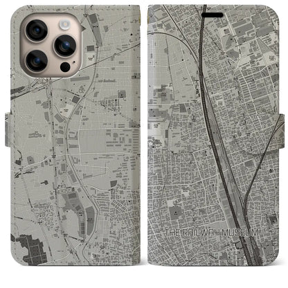 【鉄道博物館（埼玉県）】地図柄iPhoneケース（手帳タイプ）モノトーン・iPhone 16 Plus 用