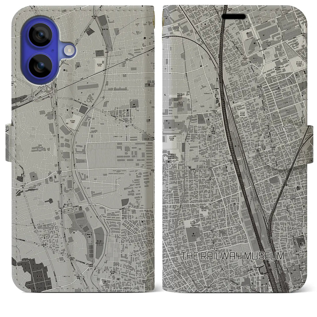 【鉄道博物館(埼玉県)】地図柄iPhoneケース(手帳タイプ)モノトーン・iPhone 16 Pro Max 用