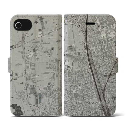 【鉄道博物館（埼玉県）】地図柄iPhoneケース（手帳タイプ）モノトーン・iPhone SE（第3 / 第2世代） / 8 / 7 / 6s / 6 用