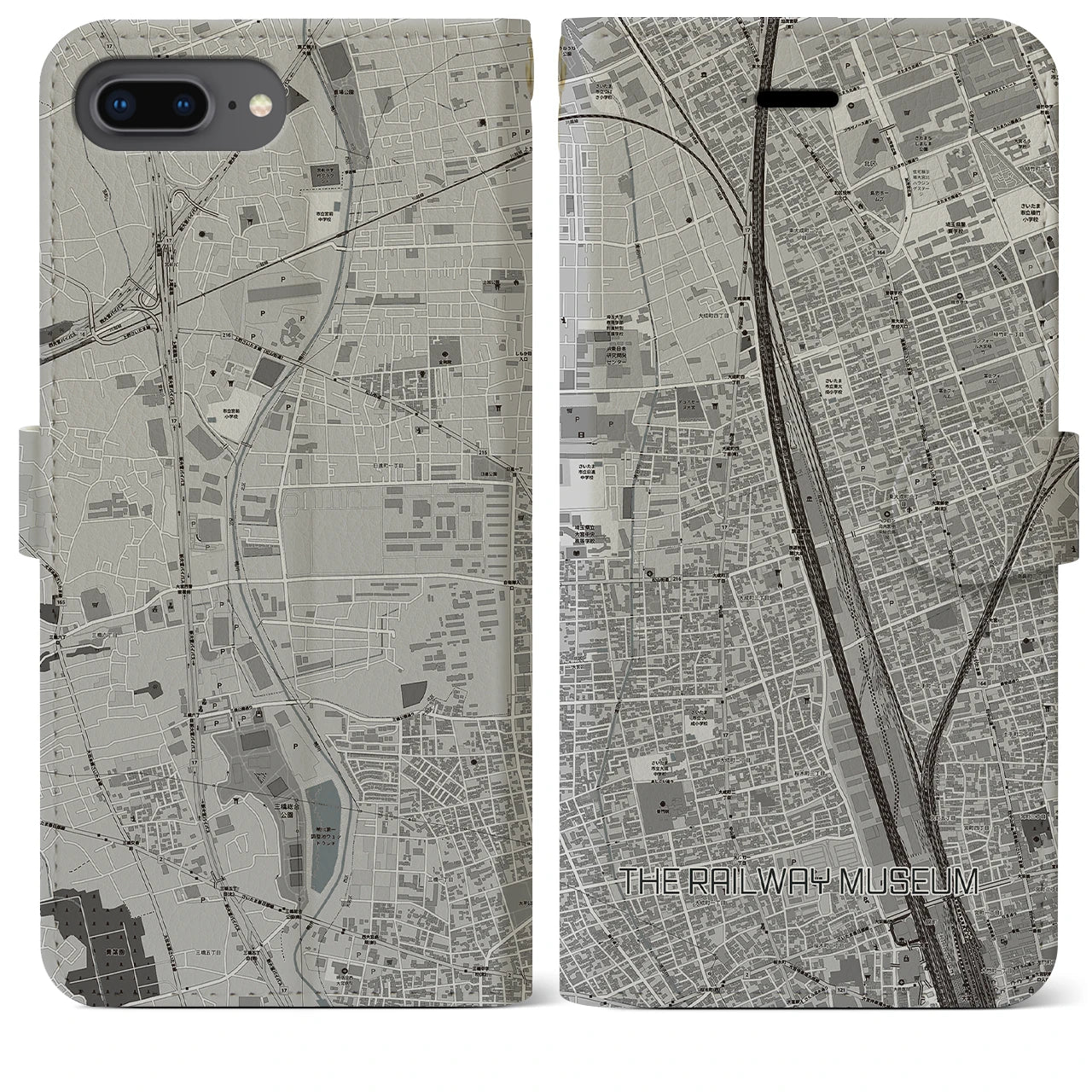 【鉄道博物館】地図柄iPhoneケース（手帳両面タイプ・モノトーン）iPhone 8Plus /7Plus / 6sPlus / 6Plus 用