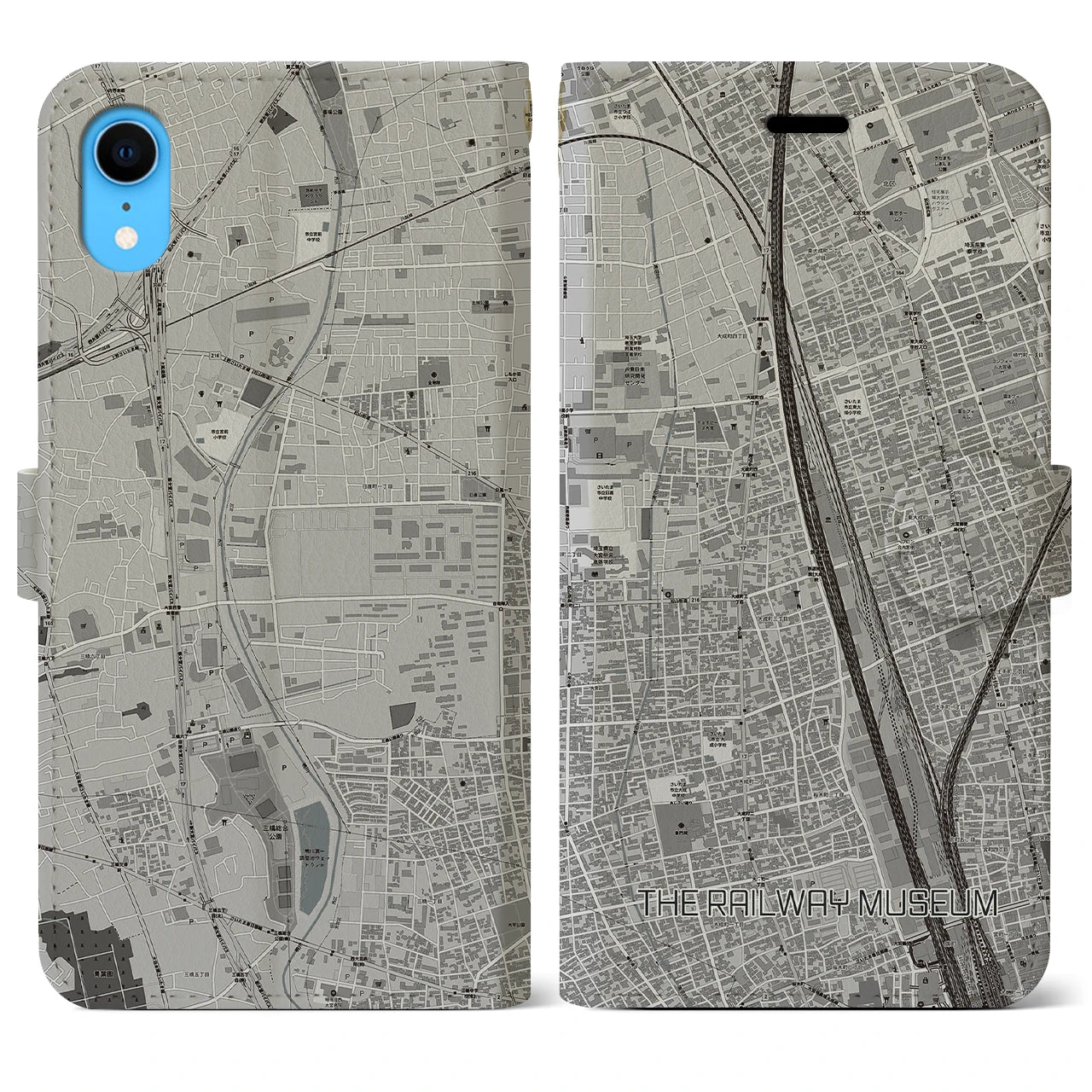 【鉄道博物館】地図柄iPhoneケース（手帳両面タイプ・モノトーン）iPhone XR 用