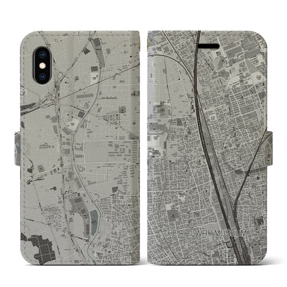 【鉄道博物館（埼玉県）】地図柄iPhoneケース（手帳タイプ）モノトーン・iPhone XS / X 用