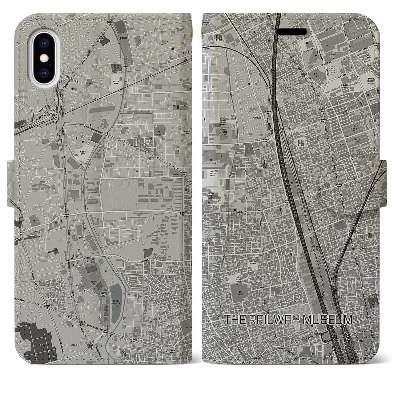 【鉄道博物館】地図柄iPhoneケース（手帳両面タイプ・モノトーン）iPhone XS Max 用