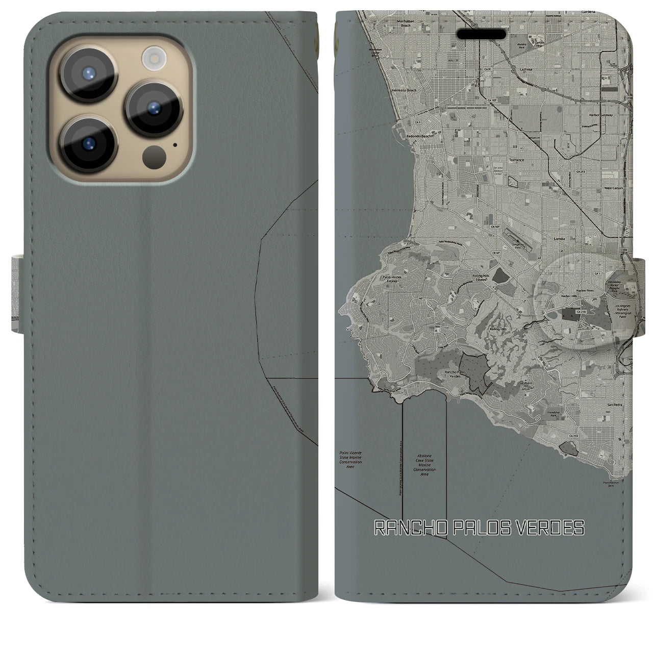 【ランチョ・パロス・ベルデス】地図柄iPhoneケース（手帳両面タイプ・モノトーン）iPhone 14 Pro Max 用