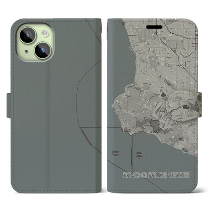 【ランチョ・パロス・ベルデス（アメリカ）】地図柄iPhoneケース（手帳タイプ）モノトーン・iPhone 15 用