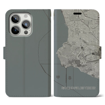 【ランチョ・パロス・ベルデス（アメリカ）】地図柄iPhoneケース（手帳タイプ）モノトーン・iPhone 15 Pro 用