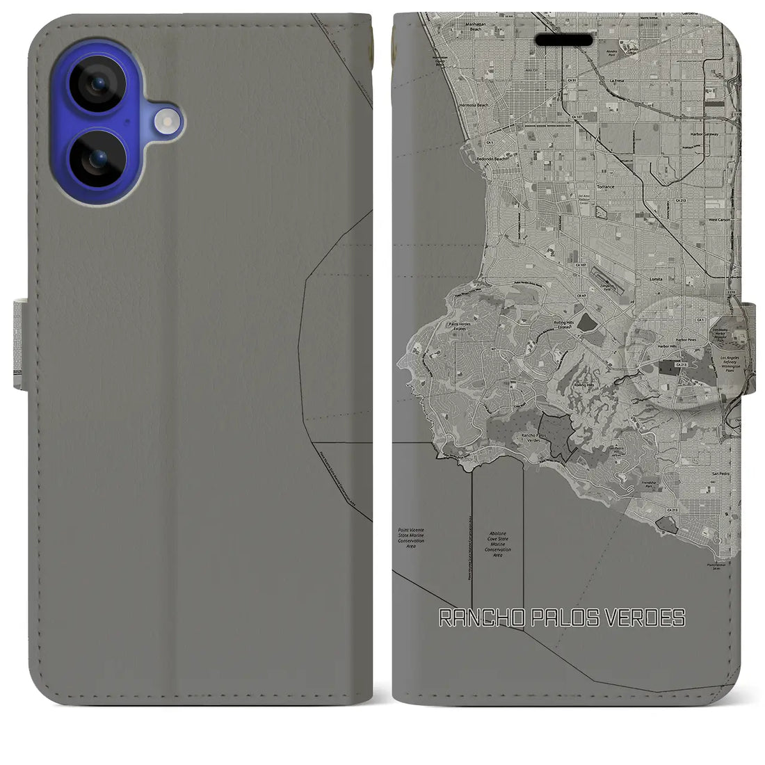【ランチョ・パロス・ベルデス(アメリカ)】地図柄iPhoneケース(手帳タイプ)モノトーン・iPhone 16 Pro Max 用