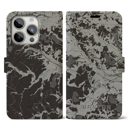 【嵐山（埼玉県）】地図柄iPhoneケース（手帳タイプ）モノトーン・iPhone 15 Pro 用