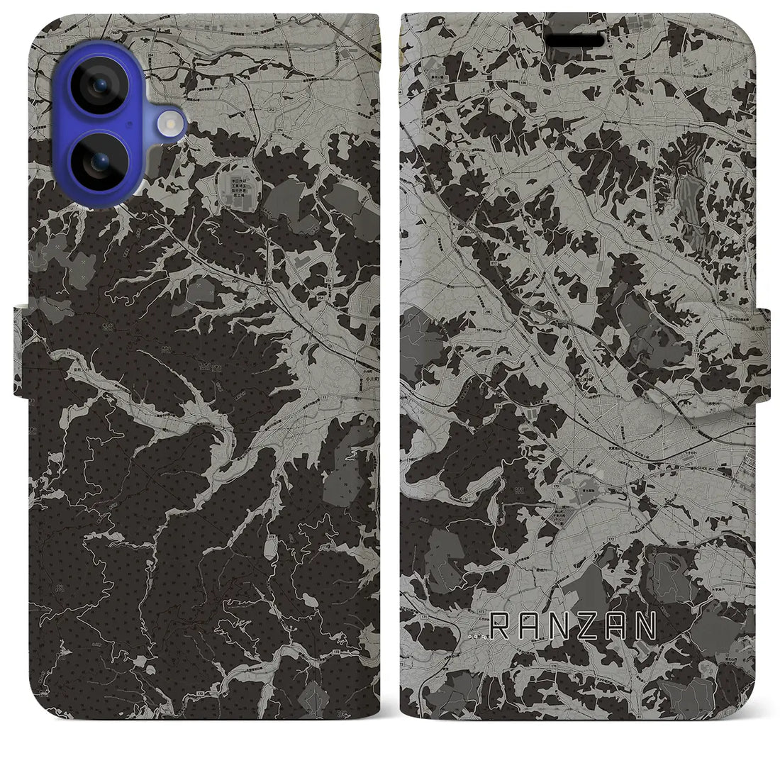 【嵐山(埼玉県)】地図柄iPhoneケース(手帳タイプ)モノトーン・iPhone 16 Pro Max 用