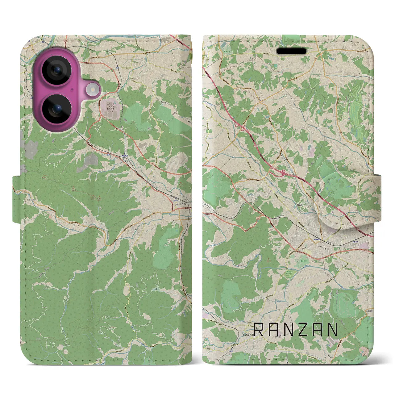 【嵐山（埼玉県）】地図柄iPhoneケース（手帳タイプ）ナチュラル・iPhone 16 Pro 用