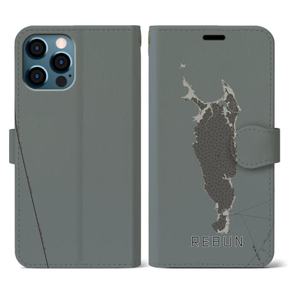 【礼文（北海道）】地図柄iPhoneケース（手帳タイプ）モノトーン・iPhone 12 / 12 Pro 用