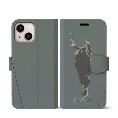 【礼文（北海道）】地図柄iPhoneケース（手帳タイプ）モノトーン・iPhone 13 mini 用