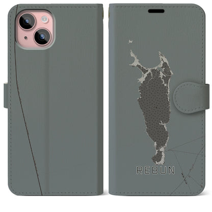 【礼文（北海道）】地図柄iPhoneケース（手帳タイプ）モノトーン・iPhone 15 Plus 用