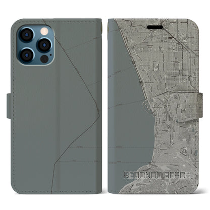 【レドンドビーチ（アメリカ）】地図柄iPhoneケース（手帳タイプ）モノトーン・iPhone 12 / 12 Pro 用