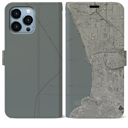 【レドンドビーチ（アメリカ）】地図柄iPhoneケース（手帳タイプ）モノトーン・iPhone 13 Pro Max 用