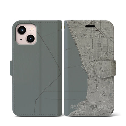 【レドンドビーチ（アメリカ）】地図柄iPhoneケース（手帳タイプ）モノトーン・iPhone 13 mini 用