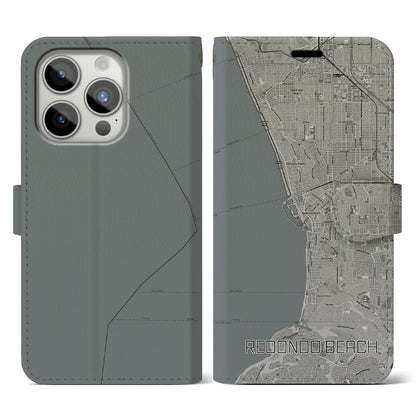 【レドンドビーチ（アメリカ）】地図柄iPhoneケース（手帳タイプ）モノトーン・iPhone 15 Pro 用