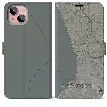 【レドンドビーチ（アメリカ）】地図柄iPhoneケース（手帳タイプ）モノトーン・iPhone 15 Plus 用