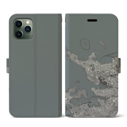 【レイキャヴィーク（アイスランド）】地図柄iPhoneケース（手帳タイプ）モノトーン・iPhone 11 Pro 用