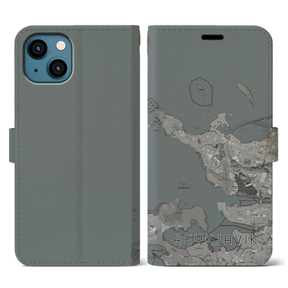 【レイキャヴィーク（アイスランド）】地図柄iPhoneケース（手帳タイプ）モノトーン・iPhone 13 用