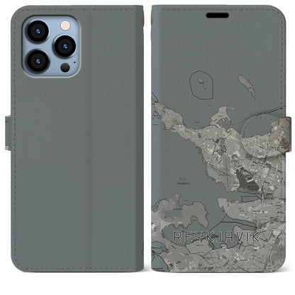 【レイキャヴィーク（アイスランド）】地図柄iPhoneケース（手帳タイプ）モノトーン・iPhone 13 Pro Max 用