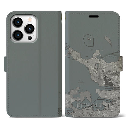 【レイキャヴィーク（アイスランド）】地図柄iPhoneケース（手帳タイプ）モノトーン・iPhone 13 Pro 用