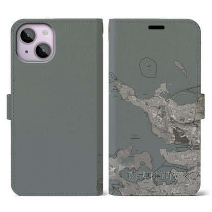 【レイキャヴィーク（アイスランド）】地図柄iPhoneケース（手帳タイプ）モノトーン・iPhone 14 用