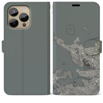 【レイキャヴィーク（アイスランド）】地図柄iPhoneケース（手帳タイプ）モノトーン・iPhone 14 Pro Max 用