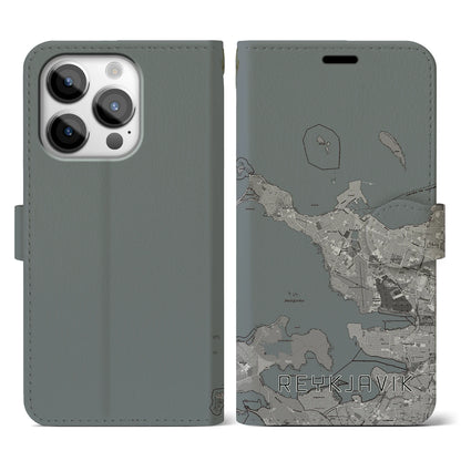 【レイキャヴィーク（アイスランド）】地図柄iPhoneケース（手帳タイプ）モノトーン・iPhone 14 Pro 用
