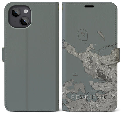 【レイキャヴィーク（アイスランド）】地図柄iPhoneケース（手帳タイプ）モノトーン・iPhone 14 Plus 用