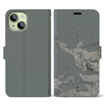 【レイキャヴィーク（アイスランド）】地図柄iPhoneケース（手帳タイプ）モノトーン・iPhone 15 用