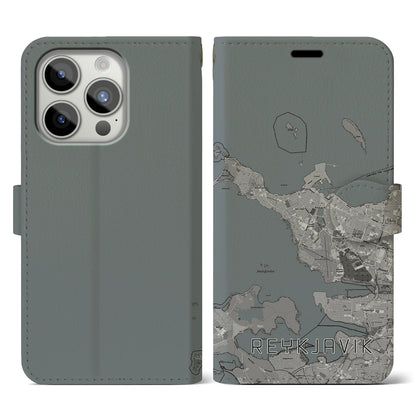 【レイキャヴィーク（アイスランド）】地図柄iPhoneケース（手帳タイプ）モノトーン・iPhone 15 Pro 用