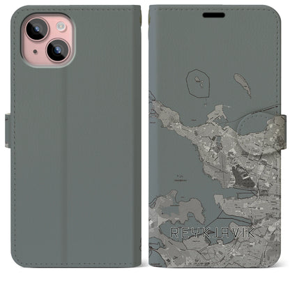 【レイキャヴィーク（アイスランド）】地図柄iPhoneケース（手帳タイプ）モノトーン・iPhone 15 Plus 用