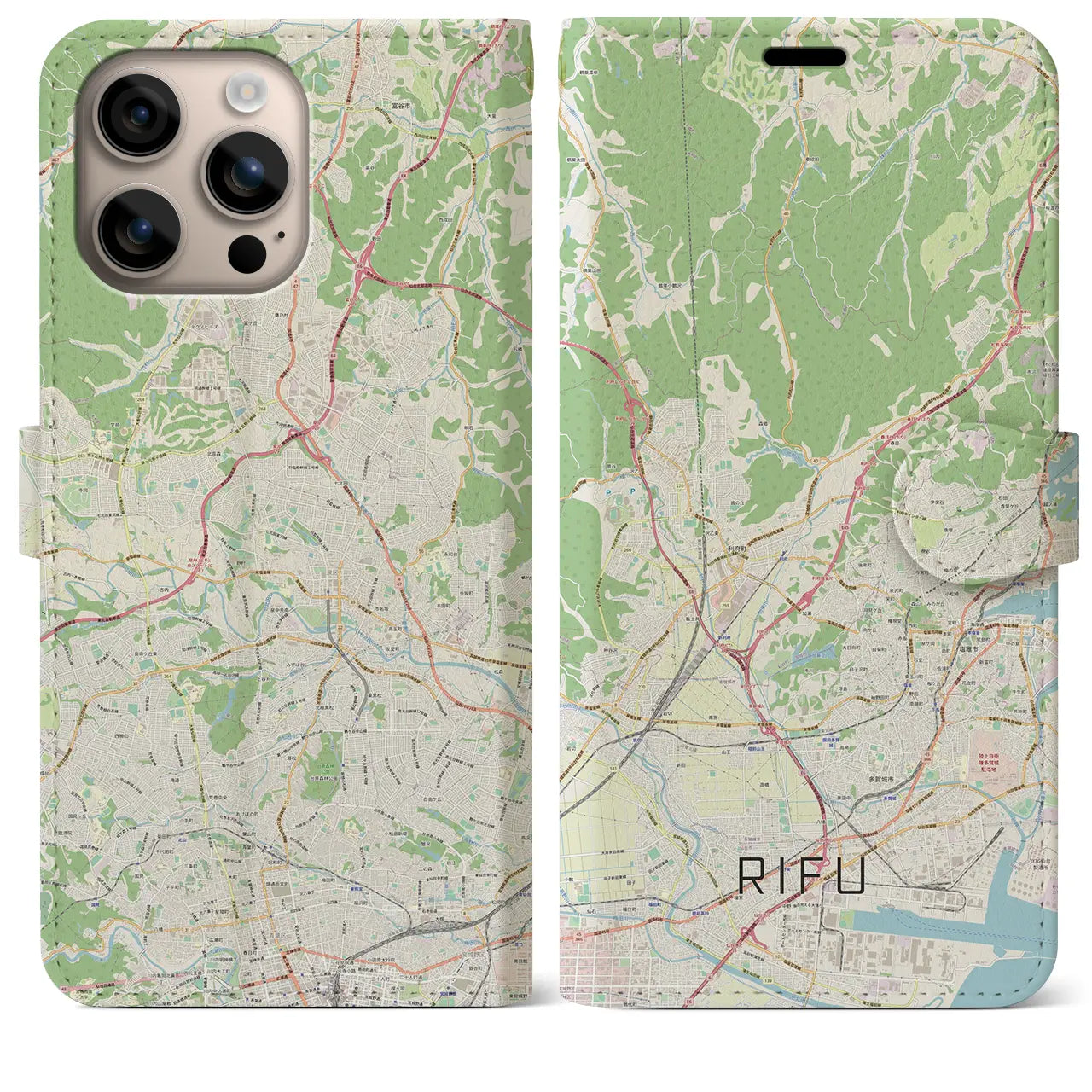 【利府（宮城県）】地図柄iPhoneケース（手帳タイプ）ナチュラル・iPhone 16 Plus 用