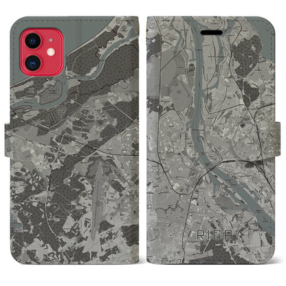【リガ（ラトビア）】地図柄iPhoneケース（手帳タイプ）モノトーン・iPhone 11 用