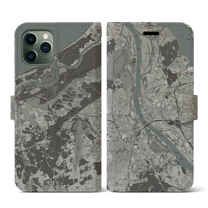【リガ（ラトビア）】地図柄iPhoneケース（手帳タイプ）モノトーン・iPhone 11 Pro 用