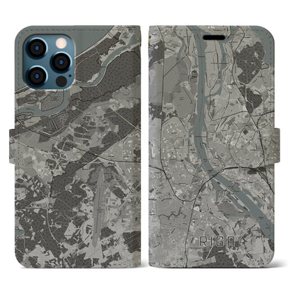 【リガ（ラトビア）】地図柄iPhoneケース（手帳タイプ）モノトーン・iPhone 12 / 12 Pro 用