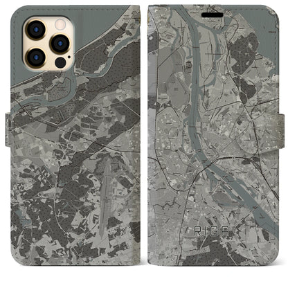 【リガ（ラトビア）】地図柄iPhoneケース（手帳タイプ）モノトーン・iPhone 12 Pro Max 用