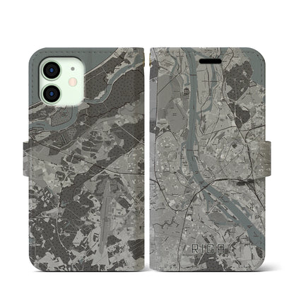 【リガ（ラトビア）】地図柄iPhoneケース（手帳タイプ）モノトーン・iPhone 12 mini 用