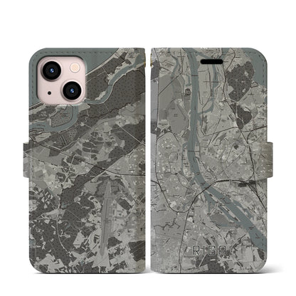 【リガ（ラトビア）】地図柄iPhoneケース（手帳タイプ）モノトーン・iPhone 13 mini 用