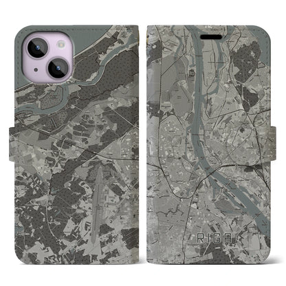 【リガ（ラトビア）】地図柄iPhoneケース（手帳タイプ）モノトーン・iPhone 14 用