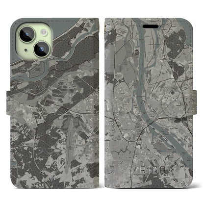 【リガ（ラトビア）】地図柄iPhoneケース（手帳タイプ）モノトーン・iPhone 15 用