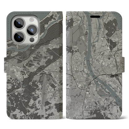 【リガ（ラトビア）】地図柄iPhoneケース（手帳タイプ）モノトーン・iPhone 15 Pro 用