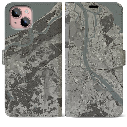【リガ（ラトビア）】地図柄iPhoneケース（手帳タイプ）モノトーン・iPhone 15 Plus 用