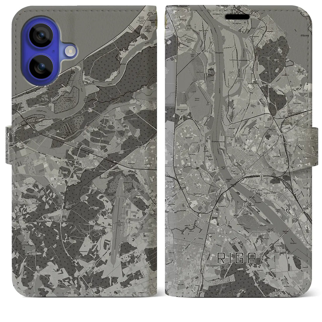 【リガ(ラトビア)】地図柄iPhoneケース(手帳タイプ)モノトーン・iPhone 16 Pro Max 用