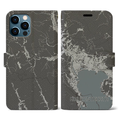 【陸前高田（岩手県）】地図柄iPhoneケース（手帳タイプ）モノトーン・iPhone 12 / 12 Pro 用