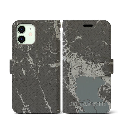 【陸前高田（岩手県）】地図柄iPhoneケース（手帳タイプ）モノトーン・iPhone 12 mini 用