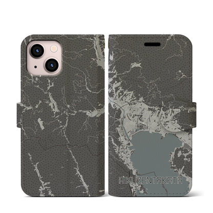 【陸前高田（岩手県）】地図柄iPhoneケース（手帳タイプ）モノトーン・iPhone 13 mini 用